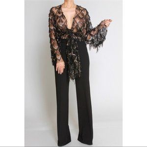 Sequin Open Front Tie Sheer Top - Size Small - Black and Gold - NWOT
